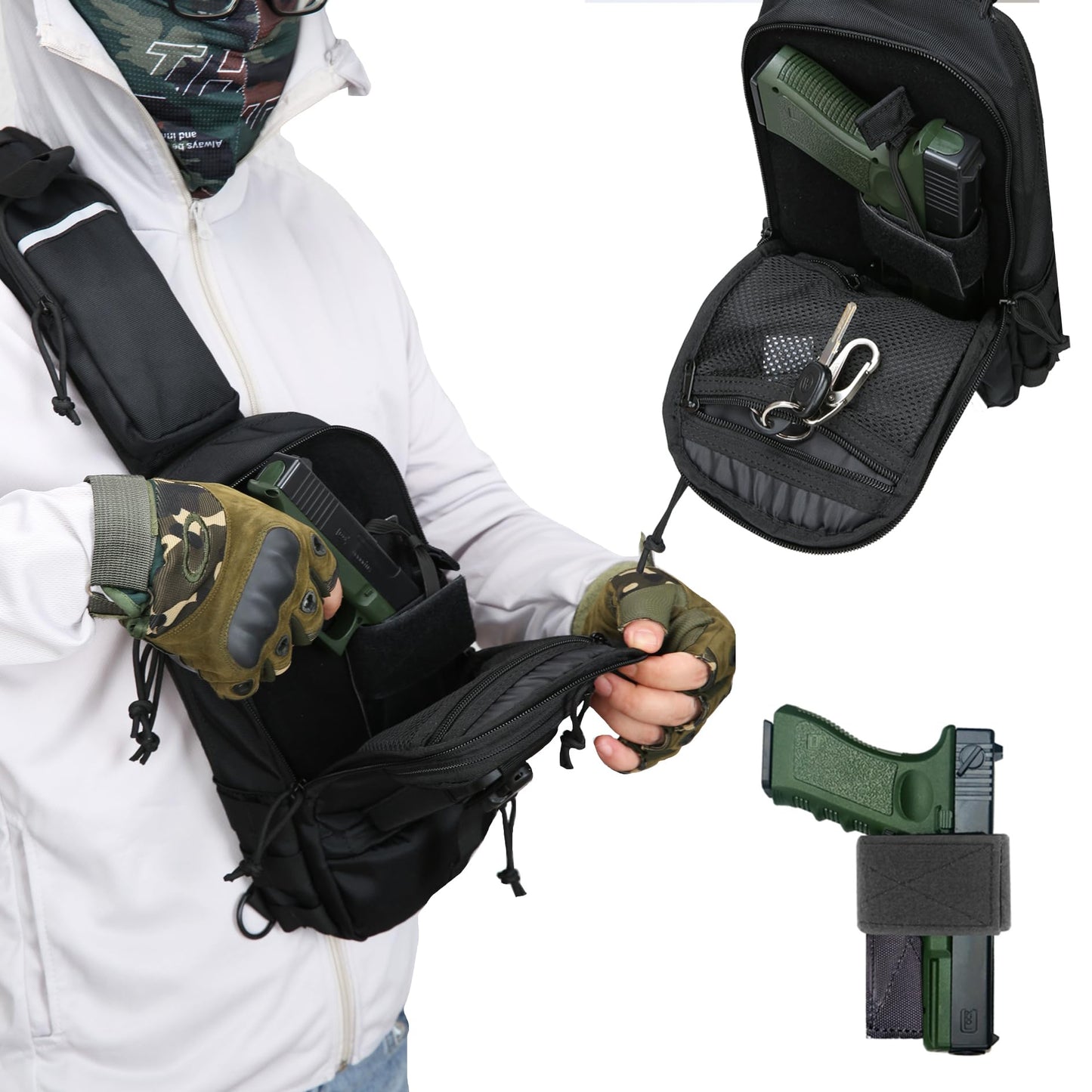 LarKoo Sling Backpack Chest bag - Tactical Chest Pistol Bag Shoulder Bags Crossbody Sling Backpack Holster Bag for Concealed Carry Fanny Pack Bag (Black)