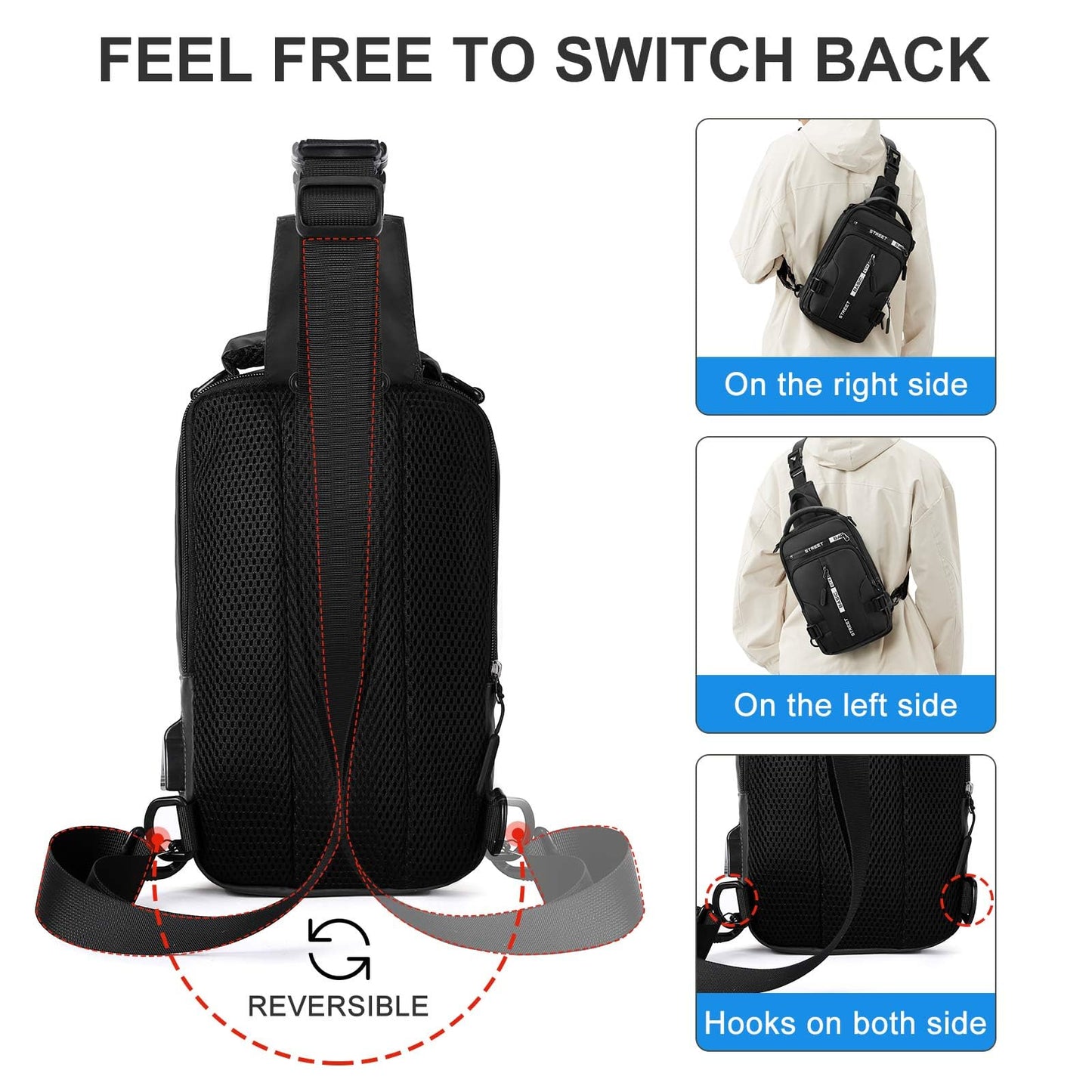 Large Black Sling Bag for Men Women, Mini Anti Theft One Strap Motorcycle Sling Backpack, Small Sling Chest Bag Daypack Crossbody Backpack with Usb Port for Casual Travel Hiking Gym Outdoor Sports