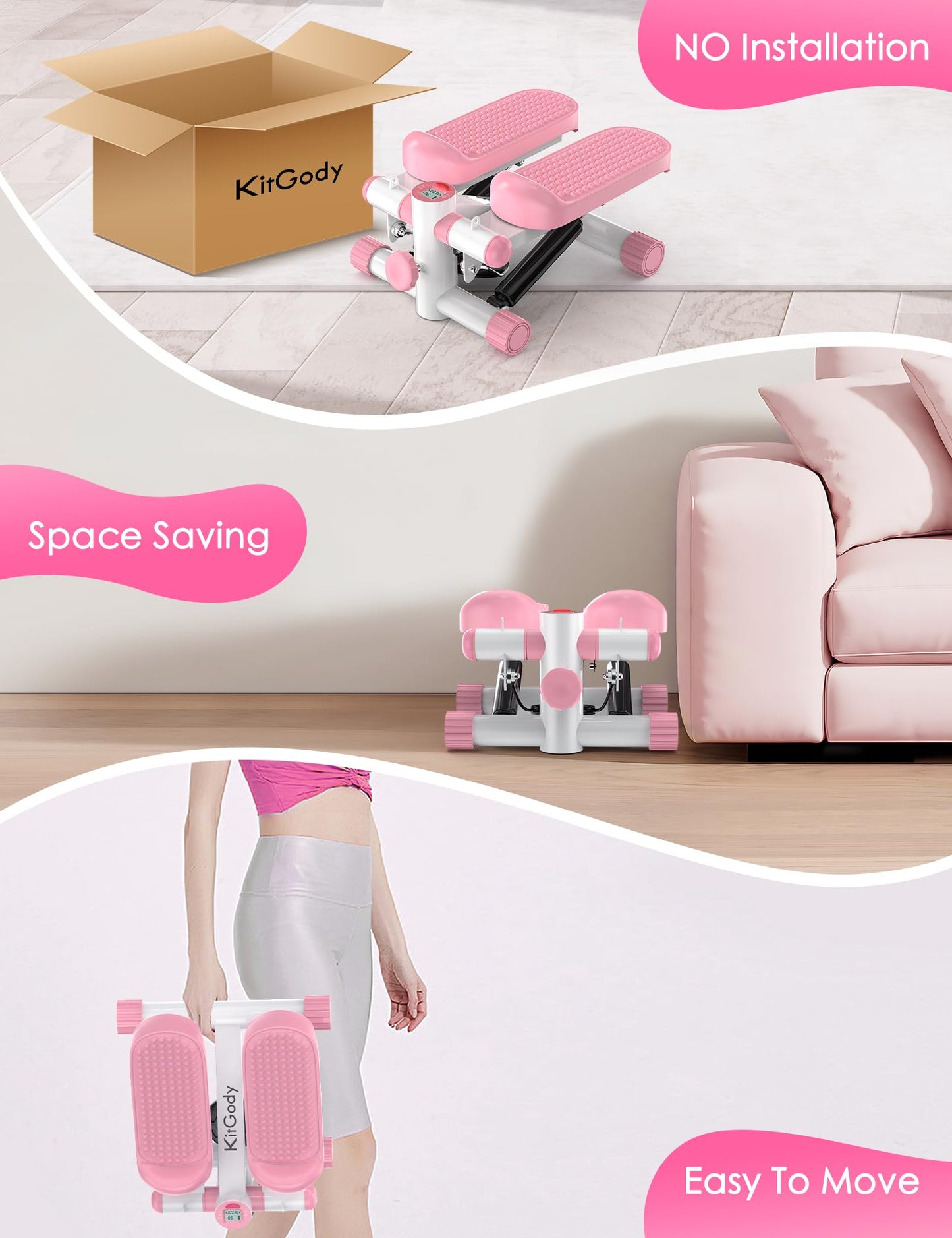 KitGody Steppers for Exercise at Home, Stair Stepper with Resistance Bands 330LBS Capacity, Pink Mini Stepper for Home Full Body Workout