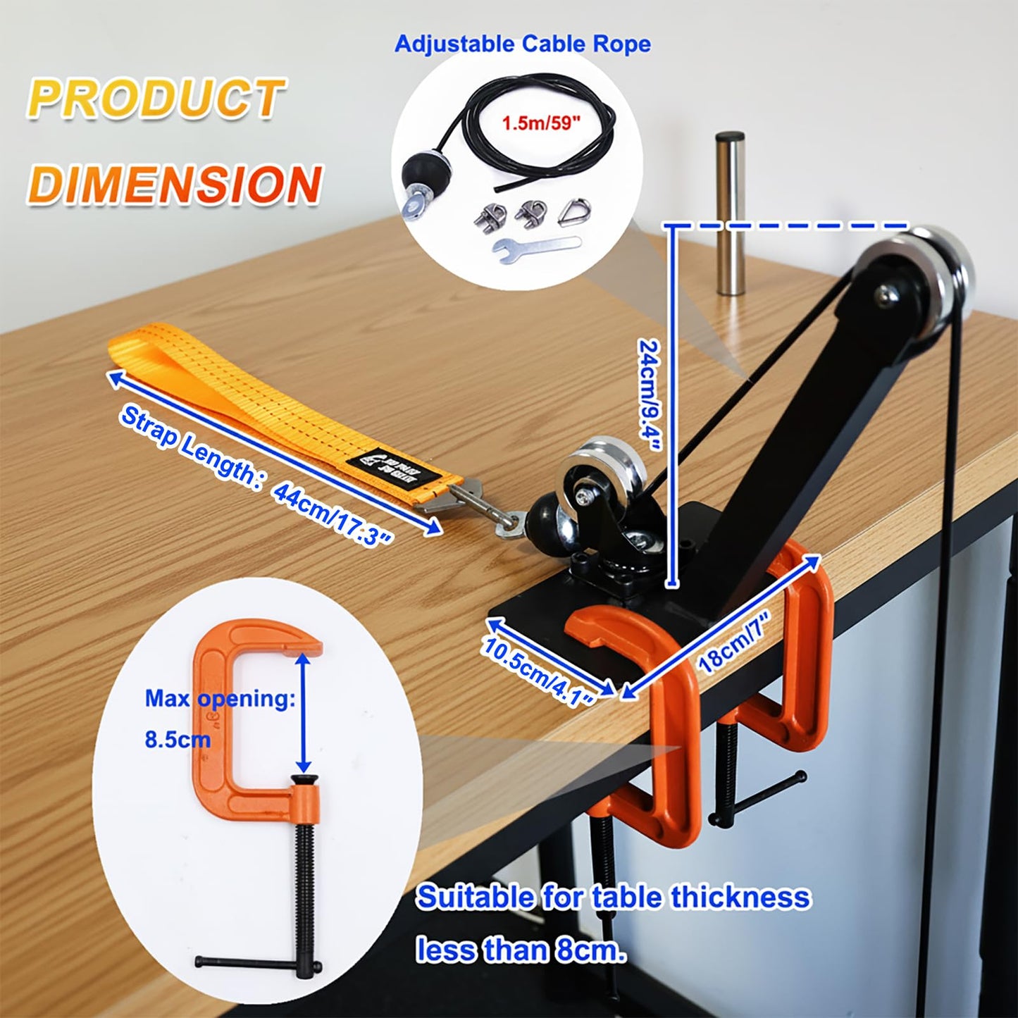 Arm Wrestling Pulley Training System Kit for Table - Professional Forearm & Wrist Strengthener with Aluminum Rotating Pulleys, Adj. 1.5m Cable, Loading Pin, Training Strap for Home Gym
