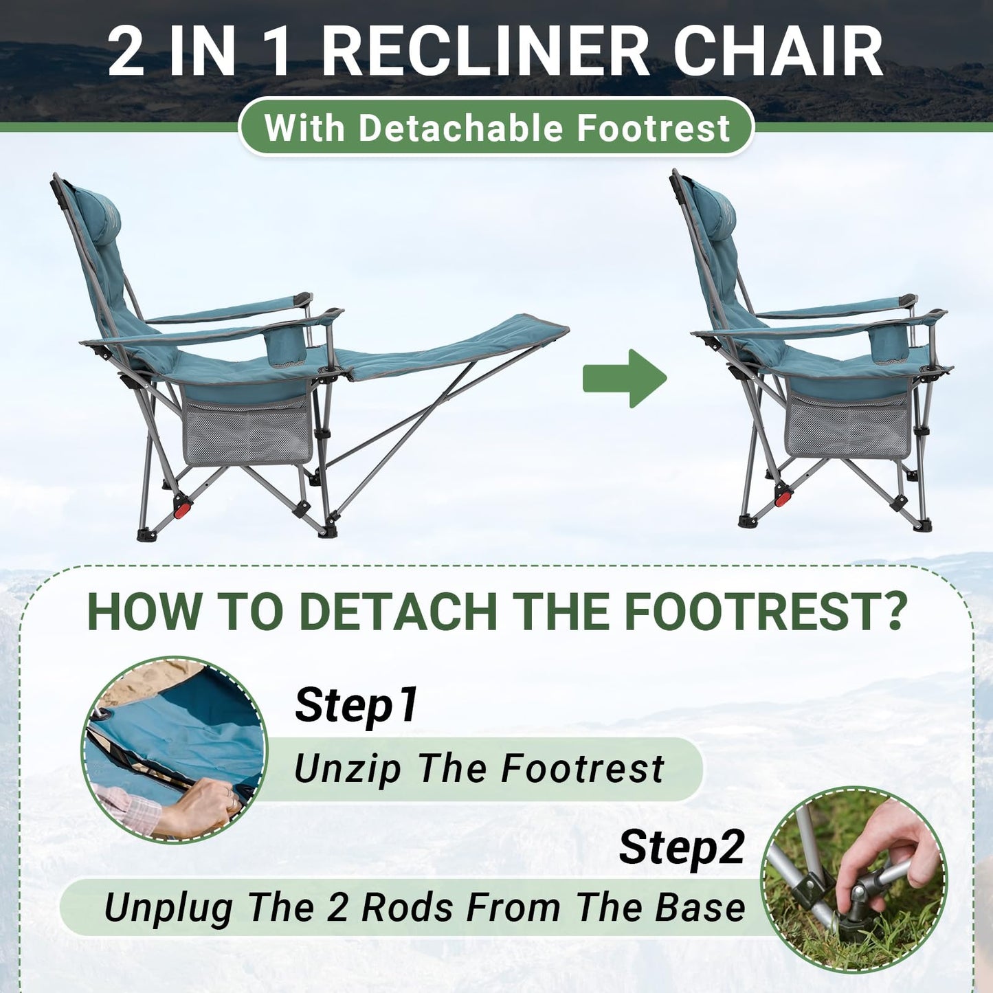 #WEJOY 2-in-1 Camping Chair Reclining, Lightweight Folding Camping Chair with Adjustable Backrest & Footrest, Camping Lounge Chair with Headrest, Cup Holder, Storage Bag, for Beach, Lawn, Concert
