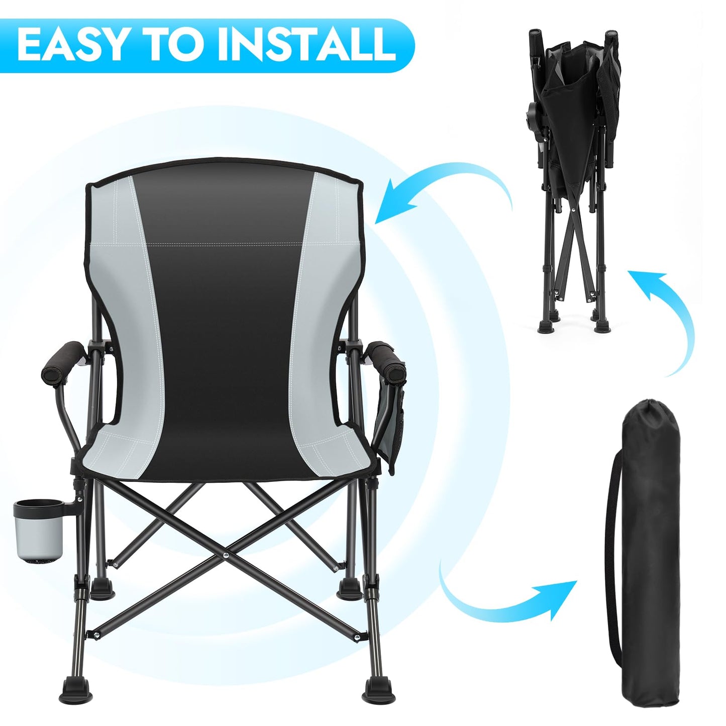2 Pack Oversized Folding Camping Chair for Adults, Supports 450 LBS Camping Chairs, Heavy Duty Camping Chair with Side Pockets, Foldable Outdoor Chair for Camping, Beach, Fishing, Hiking, Black-Gray