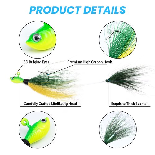 Goture 5pcs Bucktail Jigs Saltwater Fishing Hair Jig for Bass, Walleye, Crappie, Bluefish, Snook, Rockfish, Halibut - 1/4oz, 1/2oz, 1oz, 2oz