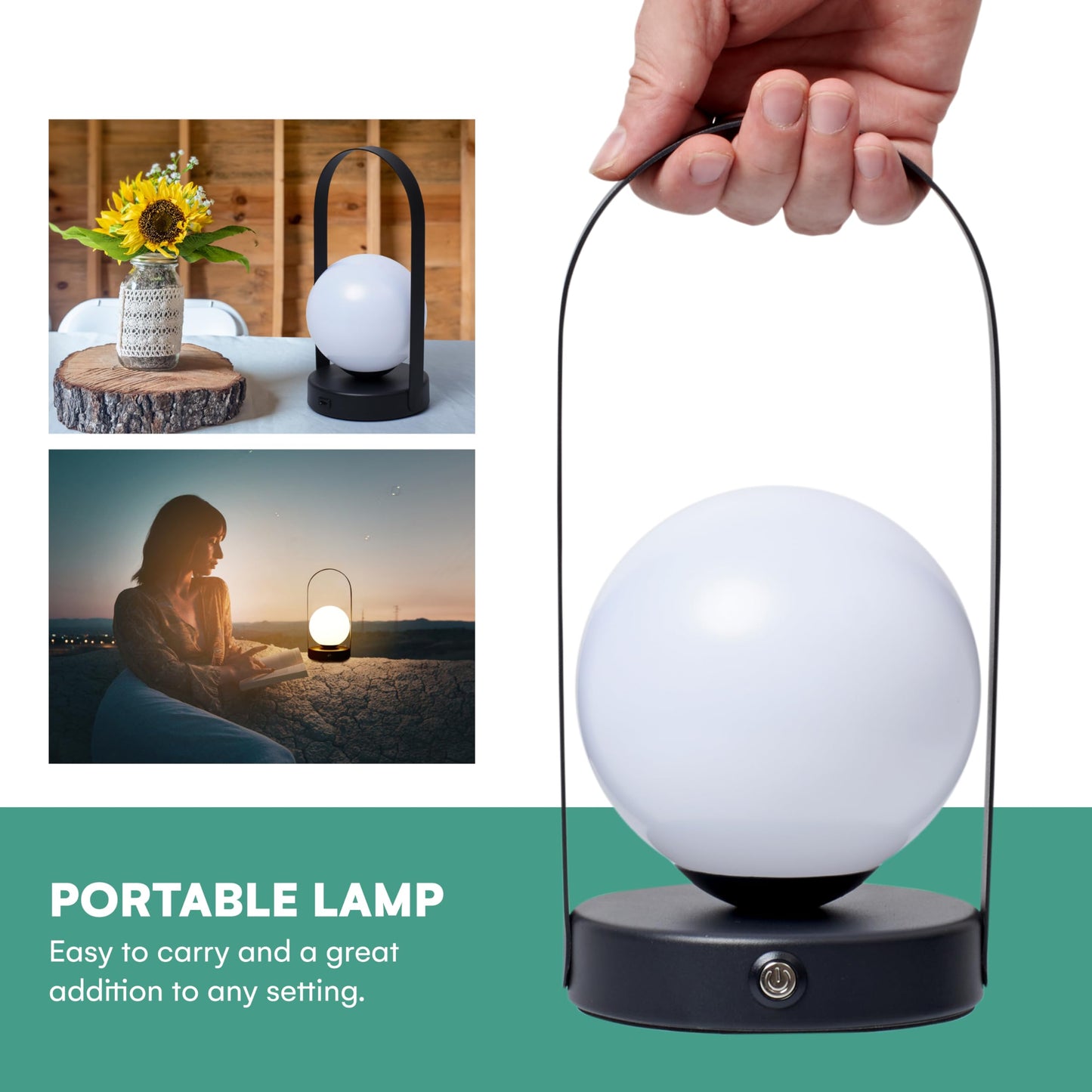 Outlery | Portable LED Lamp - Camping Rechargeable Lanterns - Table Lamp for Outdoor Or BBQ - Decorative Night Light Lamp - Suitable as Emergency Light for Kids and Adults - 9.8x4.8 inch (Black)