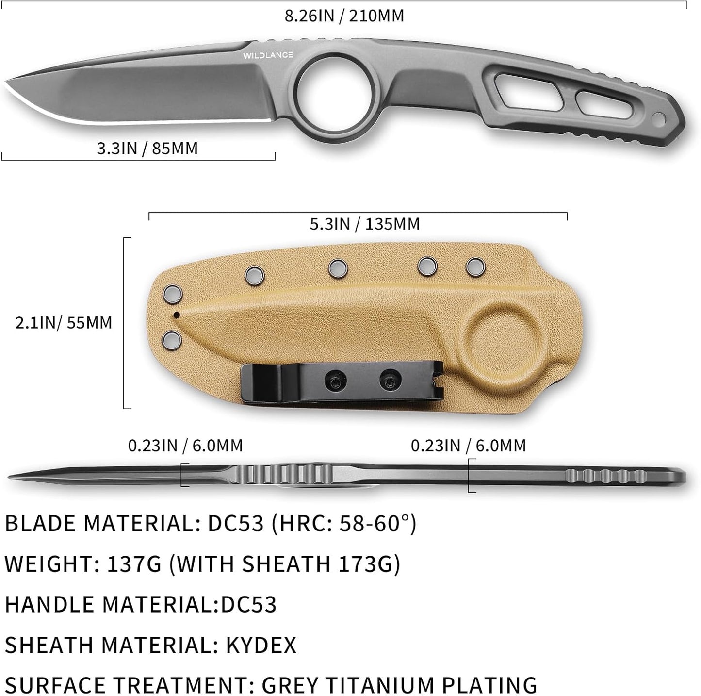 EDC Fixed Blade Knife with Sheath, Camping Knife Fixed Blade 3.3" DC53 Steel Outdoor Survival Blade Full Tang Hunting Knives for Men Women IB-01, Silver