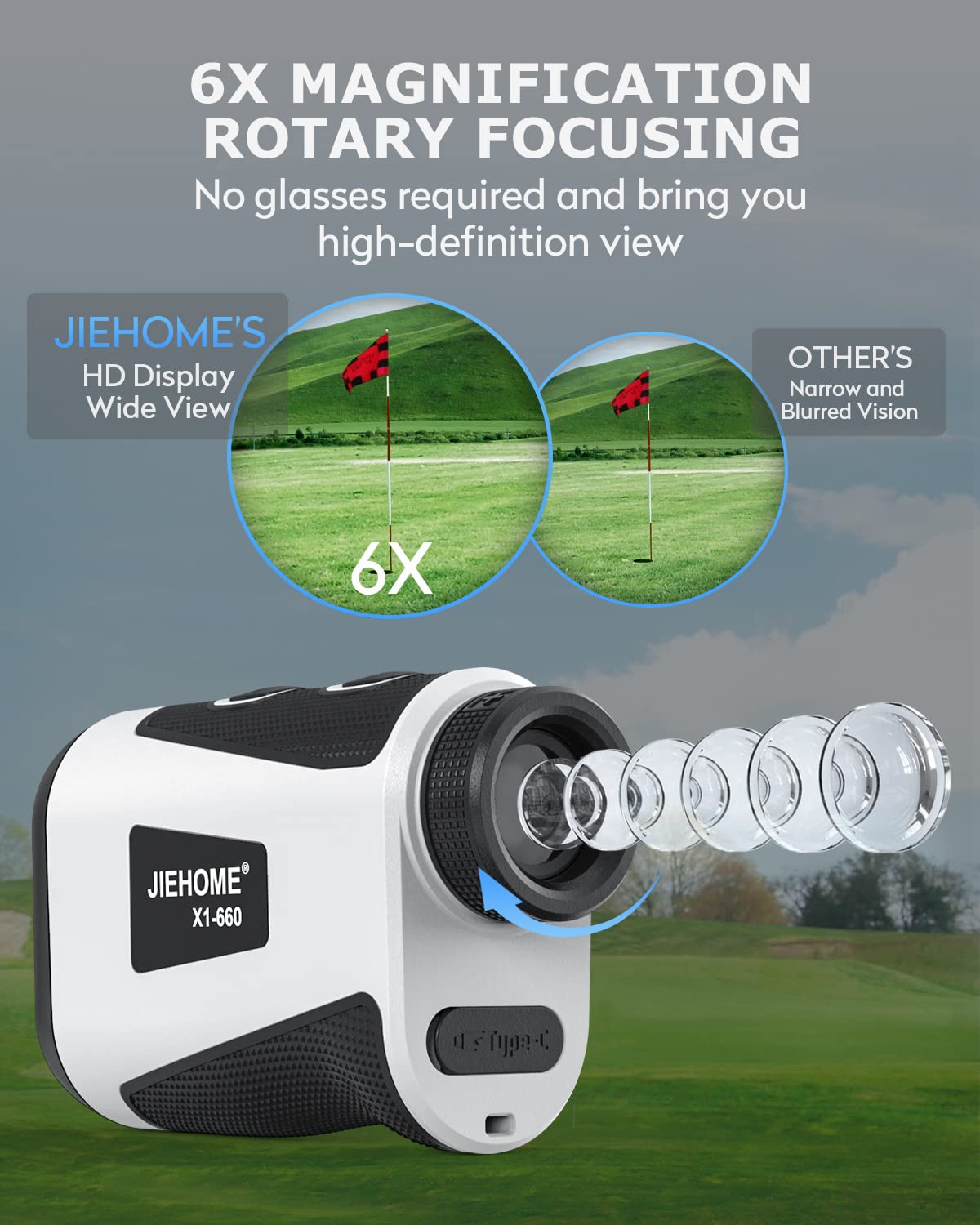 JIEHOME Golf Range Finder X1 660 Yards Rangefinder with Slope Flagpole Lock Vibration 6X Magnification Rechargeable Hunting Laser Rangefinders Golfing Rangefinder Disc Bowhunting