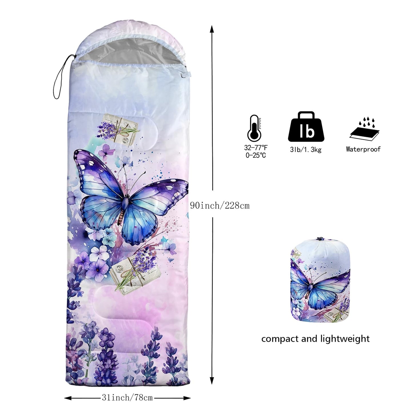 BSNTHO Butterfly Camping Sleeping Bags,3 Season Warm & Cool Weather,Lightweight,Waterproof Sleeping Bags for Adults & Kids,Traveling,and Outdoors,Camping Gear Equipment,31x90inch