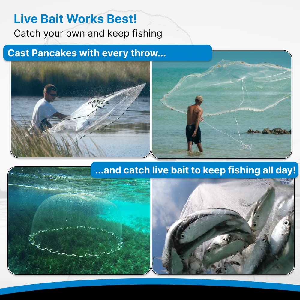 BasicGear Pancake Cast Net, 6ft Radius with 3/16 inch Mesh, Pure Lead 1.25 LB for Freshwater and Saltwater, Professional Grade and Upgraded Material, Throw Style for Bait Trap Fish