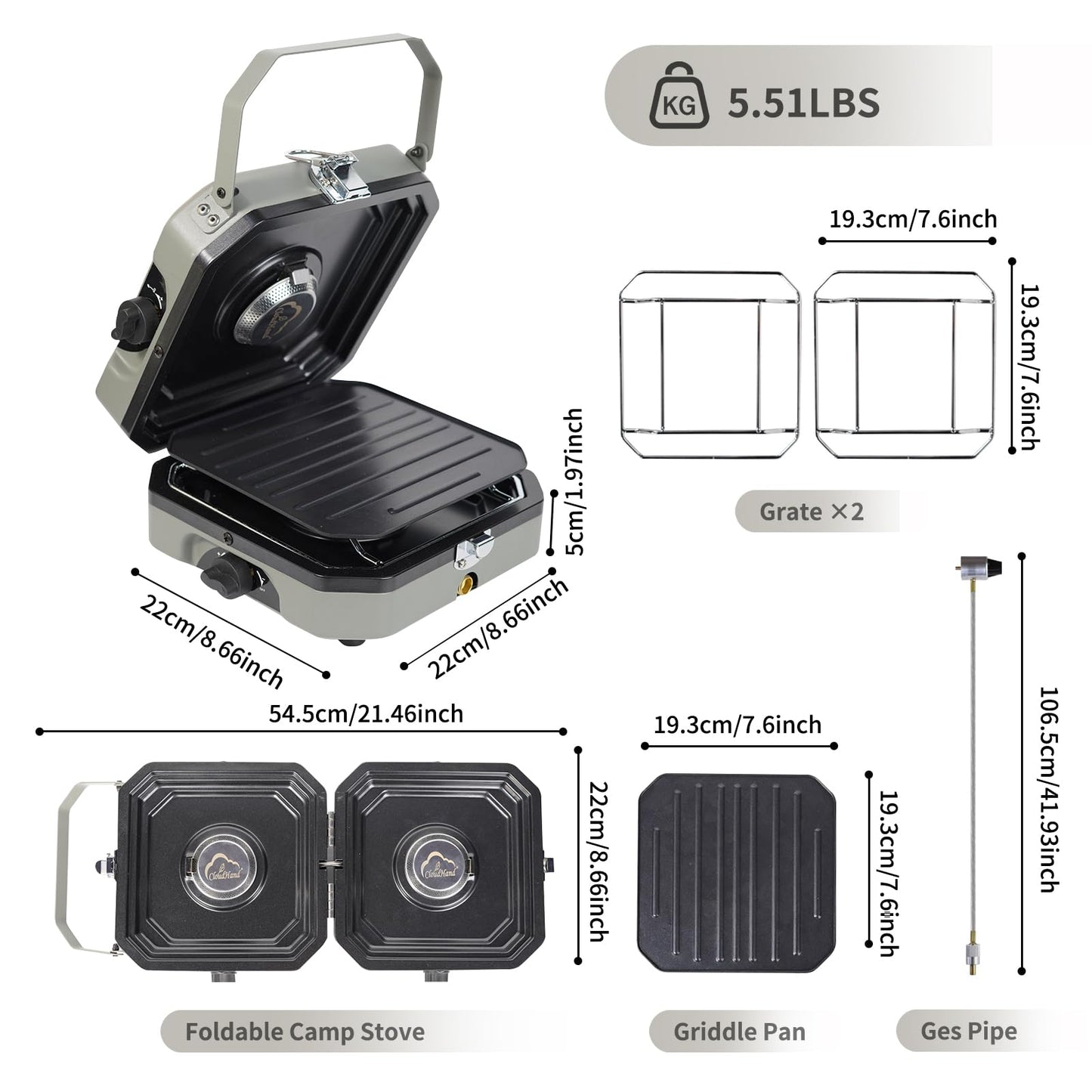 2 Burner Propane Camping Stove with Grill - CloudHand Foldable Camp Stove with 16,000 BTU, Two Adjustable Burners with Piezo Ignition & Easy Carrying Handle Grey