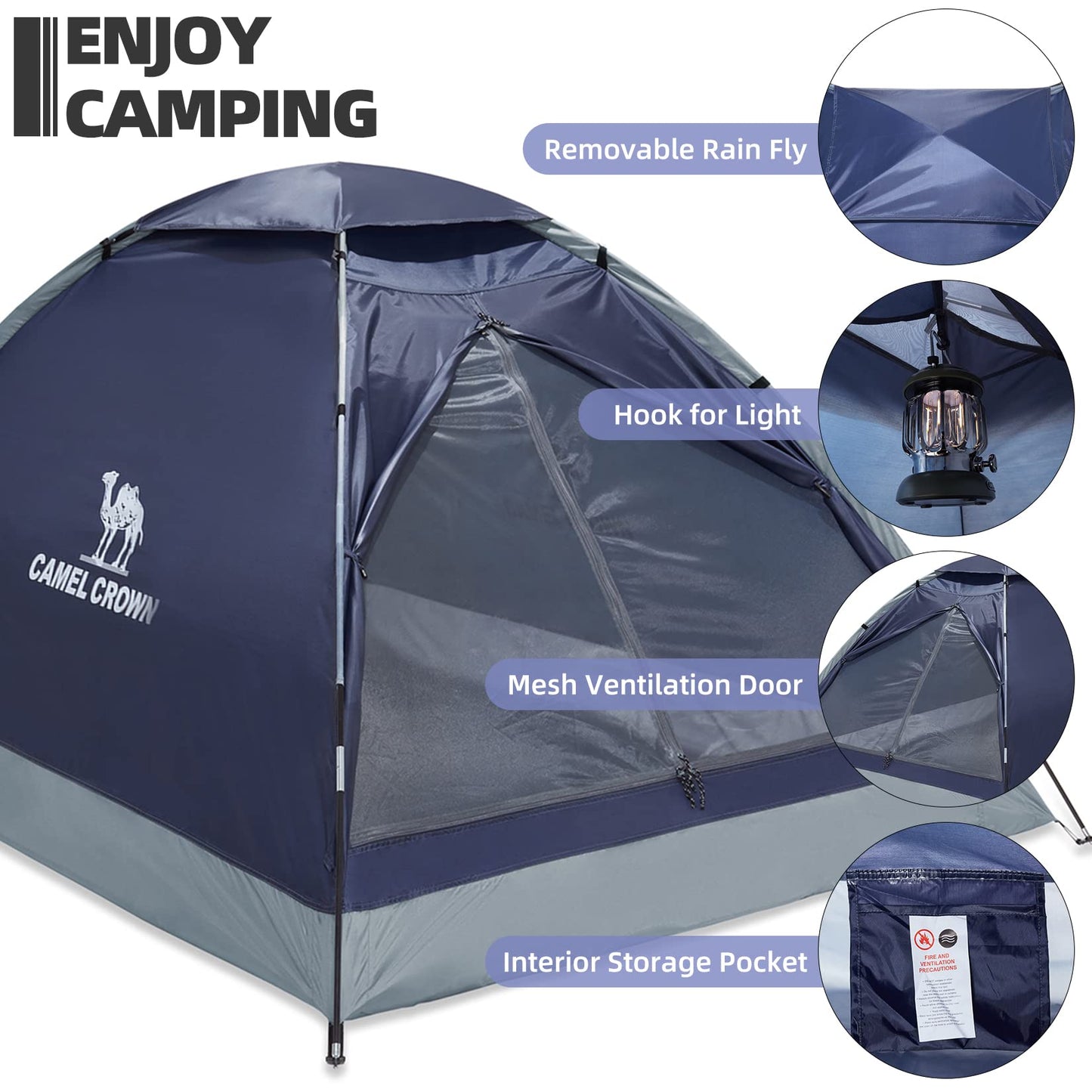 CAMEL CROWN 2 Person Camping Tent with Removable Rain Fly, Easy Setup Outdoor Tents Water Resistant Lightweight Portable for Family Backpacking
