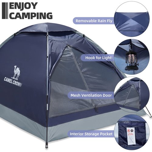 CAMEL CROWN 2 Person Camping Tent with Removable Rain Fly, Easy Setup Outdoor Tents Water Resistant Lightweight Portable for Family Backpacking