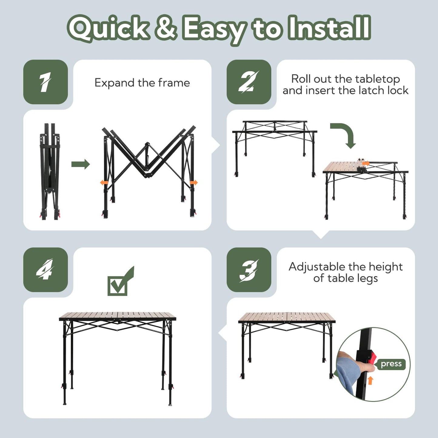 Join Nature Portable Outdoor Adjustable Height Camping Table, Large for 2-6 Person, Foldable Roll-up Aluminum Camp Table with Carry Bag for Picnic, Camp, Sturdy, Stable, Loads 220 Lbs