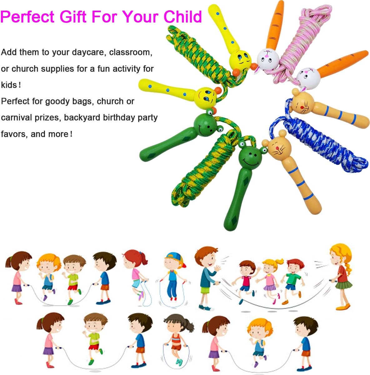 4 Pack Jump Rope with Wood Handles for Kids - Skipping Rope Great for Children and Students Outdoor Fun Activity, Party Favor, Recreation and fitness Keeping Fit.