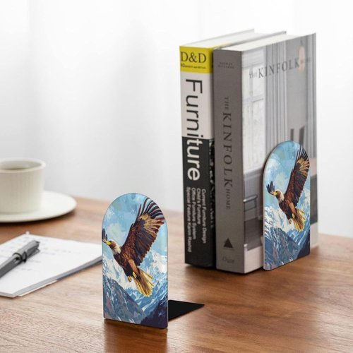 Eagle Soaring in The Sky Bookends for Shelves 2 Pcs Wooden Book Stopper Organizer for Home Office Libraries