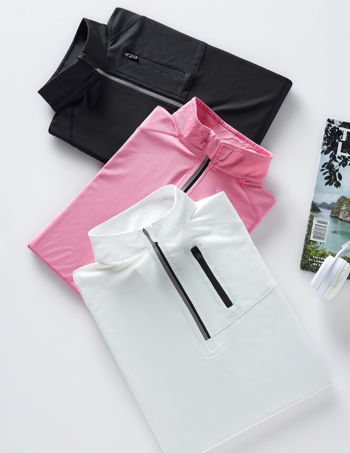 3 Pack: Women's Quick Dry Long Sleeve Quarter Zip Pullover Workout Shirts with Thumb Holes and Pocket (Set 2, Large)