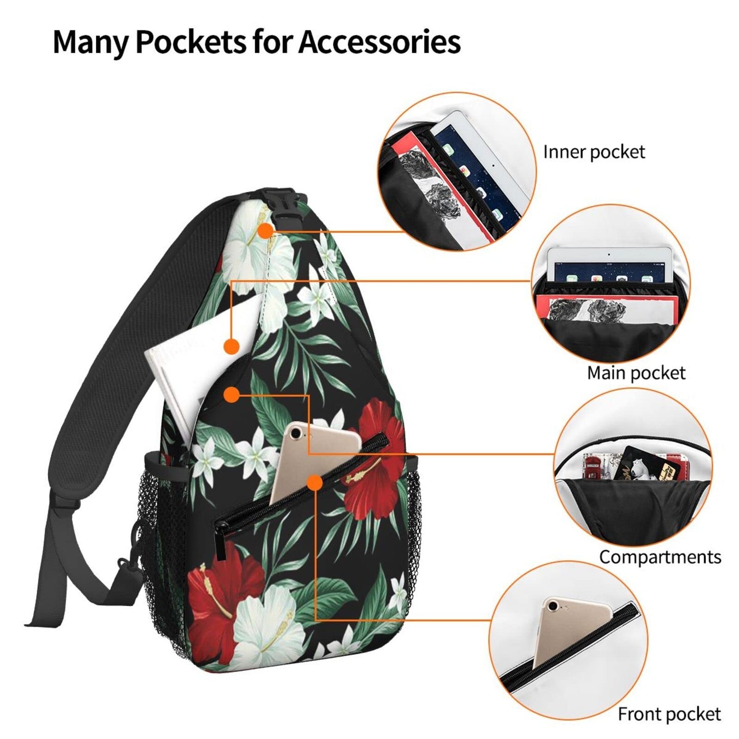 NiuKom Tropical Hawaiian Hibiscus Crossbody Bags for Women Trendy Sling Backpack Men Chest Shoulder Bag Gym Cycling Travel Hiking Daypack