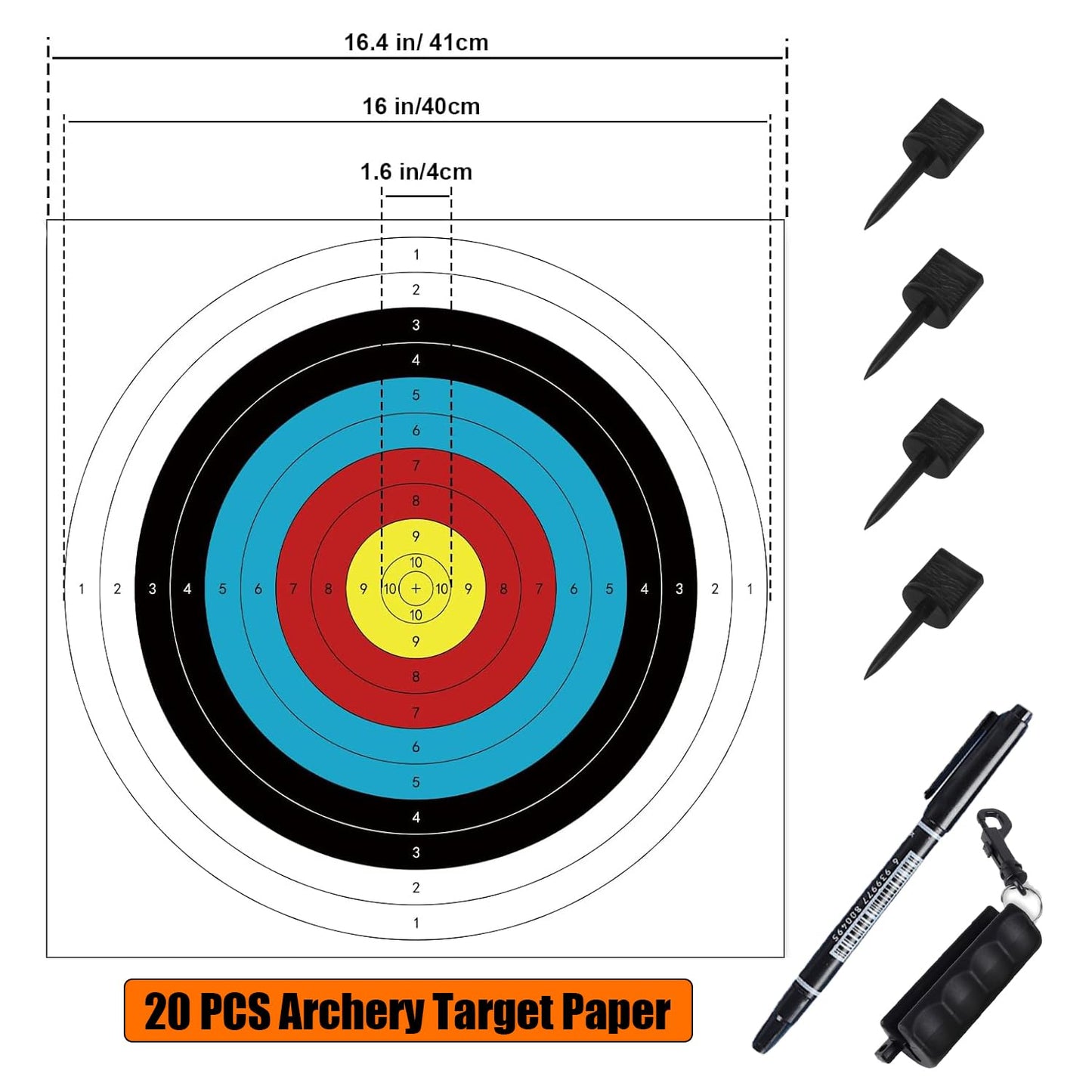 20PCS Archery Target, Archery Targets, Hunting Targets & Accessories, 16X16in - 10 Ring Bow and Arrow Targets(Standard Archery,with 1 Pen&4 pins)