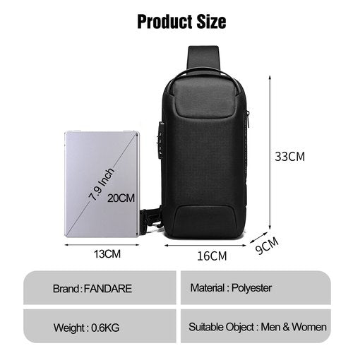 FANDARE Anti-Theft Sling Bag Chest Shoulder Backpack Crossbody Bags for Men Women Cover Pack Hiking Small Rucksack with USB Charging Port for Business Travel Hiking Bicycle Sport Gym Pack Black