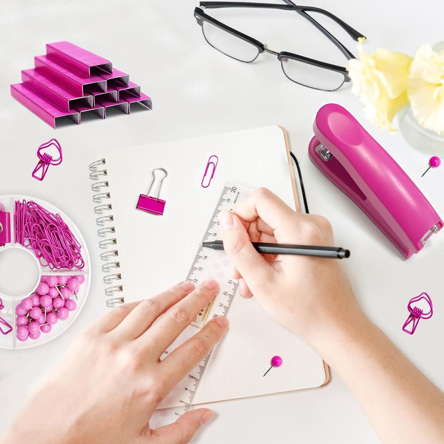 White Office Supplies, UPIHO White Desk Accessories, Stapler and Tape Dispenser Set for Women with Stapler,Tape Dispenser, Staple Remover, Staples,Scissor and Tabs for Students Office Clerks