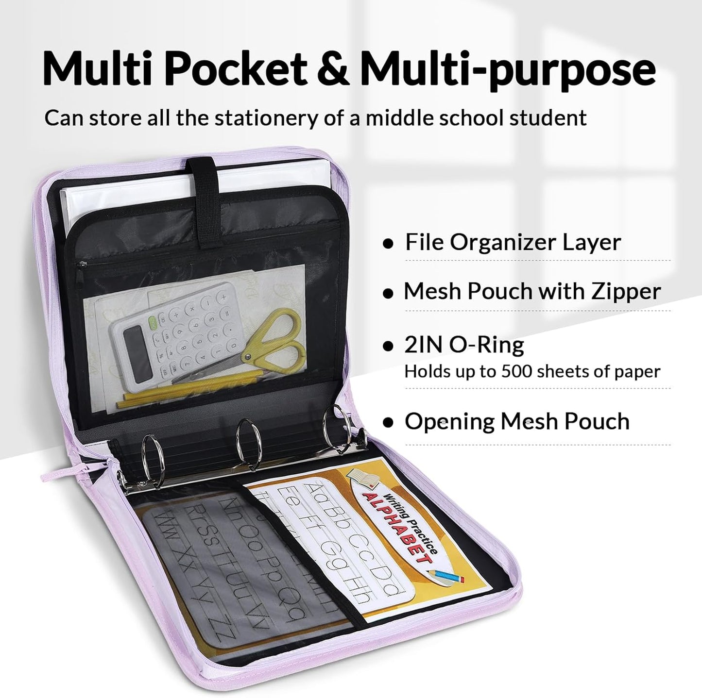 SUNEE Zippered Binder Bag with Handle, 2-Inch 3-Ring O-Ring, 500-Sheet Capacity, Includes Zip Pocket, 5-Tab Expanding File Folder, Multi-Pocket Organizer Binder for Middle School, Pink Lotus