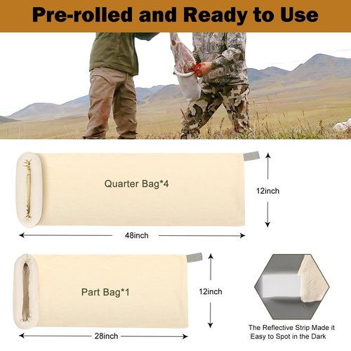 Qiullen 5-Pack Cotton Game Bags for Hunting - Breathable Meat Storage Bags for Elk, Deer, Caribou & Moose | Reusable, Washable with Reflective Strips & Ropes |4x48 + 1x28