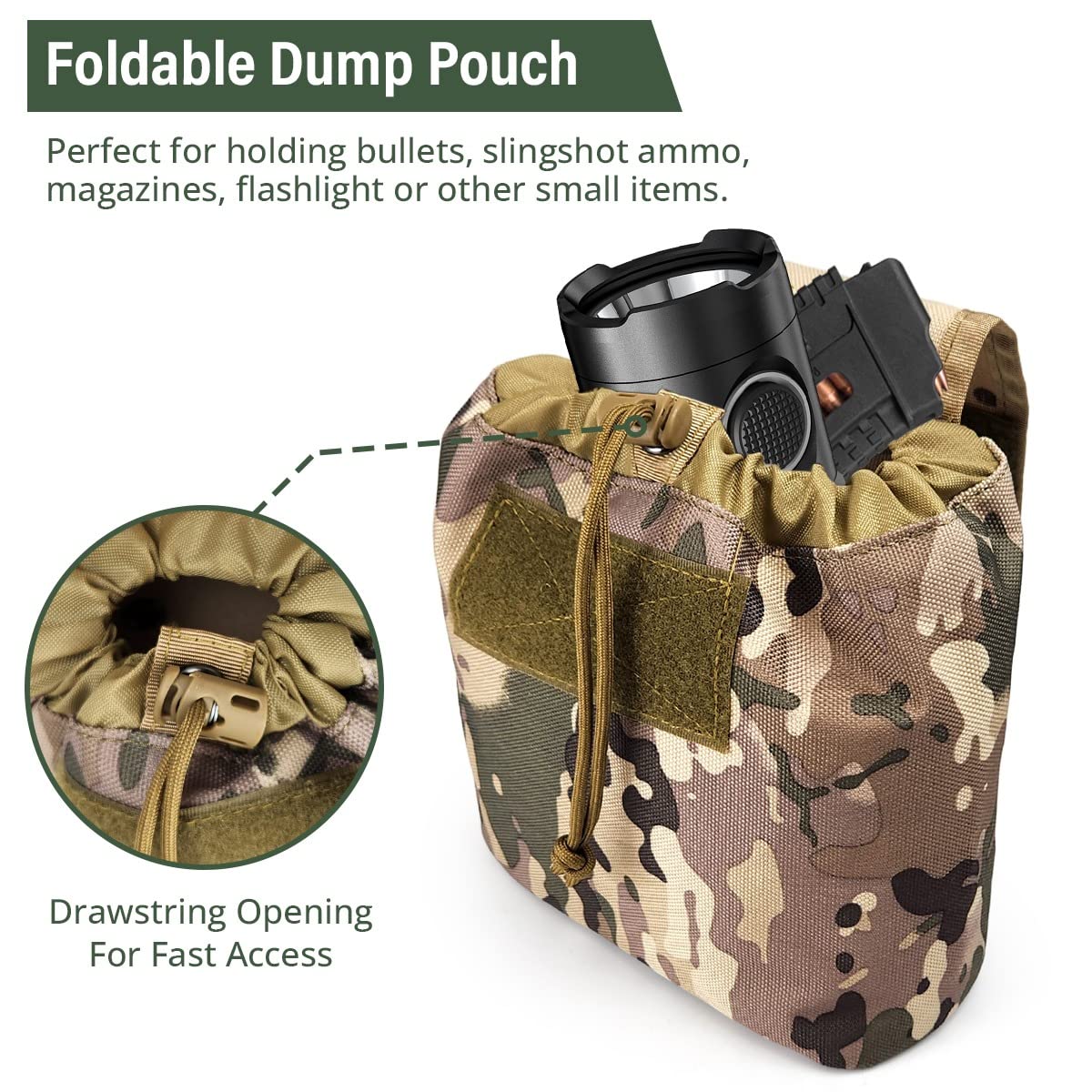 GearHill Molle Dump Pouch Drawstring Roll-Up Tactical Drop Pouch, Lightweight, Durable, Folding Hunting Utility Bag, Ammo Magazine Pouch (Camo)