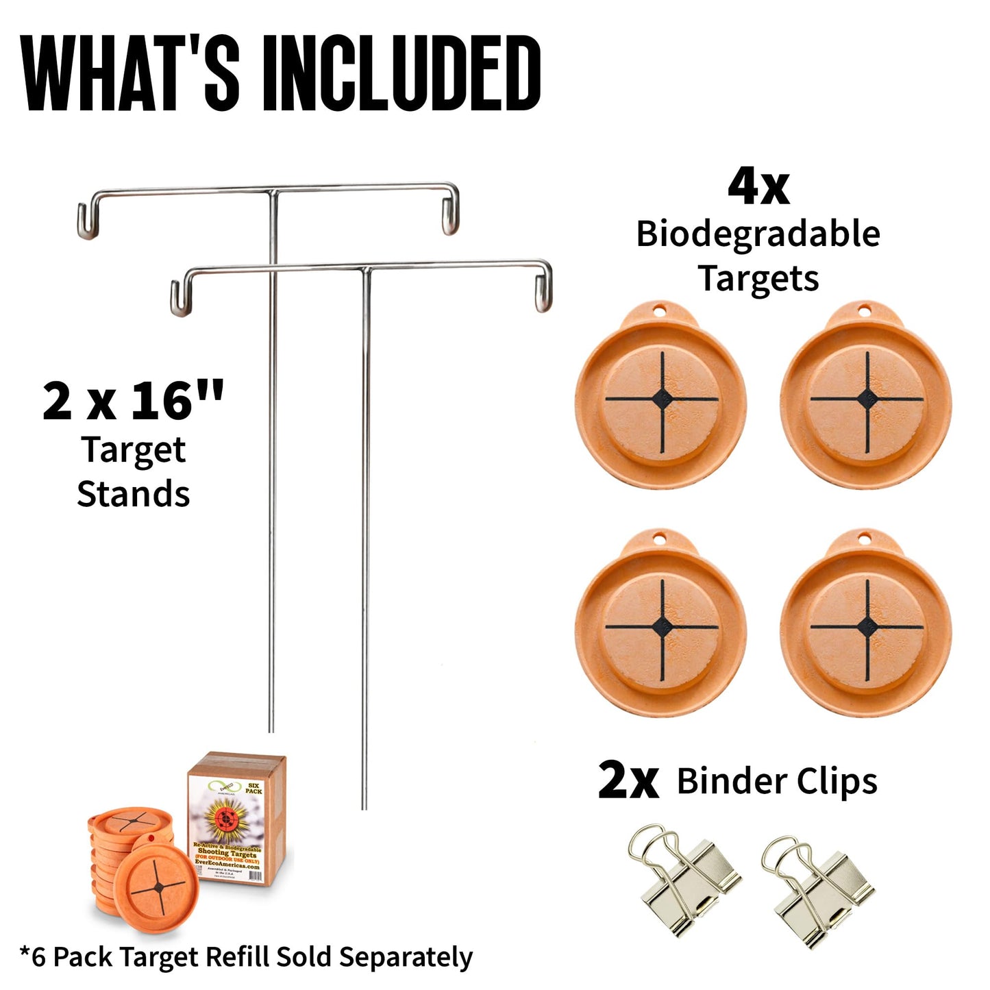 EverECO Americas Reactive Shooting Targets - 4 Pack Biodegradable Targets with 2 Stainless Steel Stands | Eco-Friendly Clay Pigeon | Visual Impact, Outdoor Gun Range Accessories, Made in USA