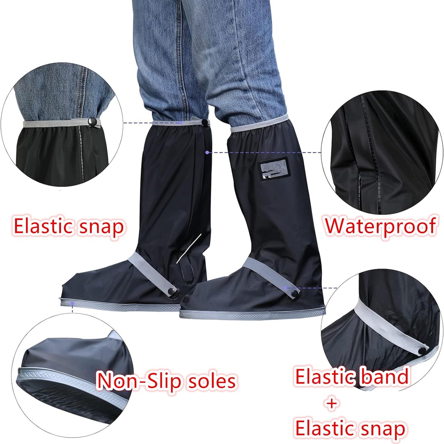 E KAINI Waterproof Rain Boot Shoe Covers with Reflector,Anti-Snow Rain Gear Reusable Galoshes for Men and Women,Foldable Rain Boot with Zipper, Non-Slip (Blcak+Grey, M)