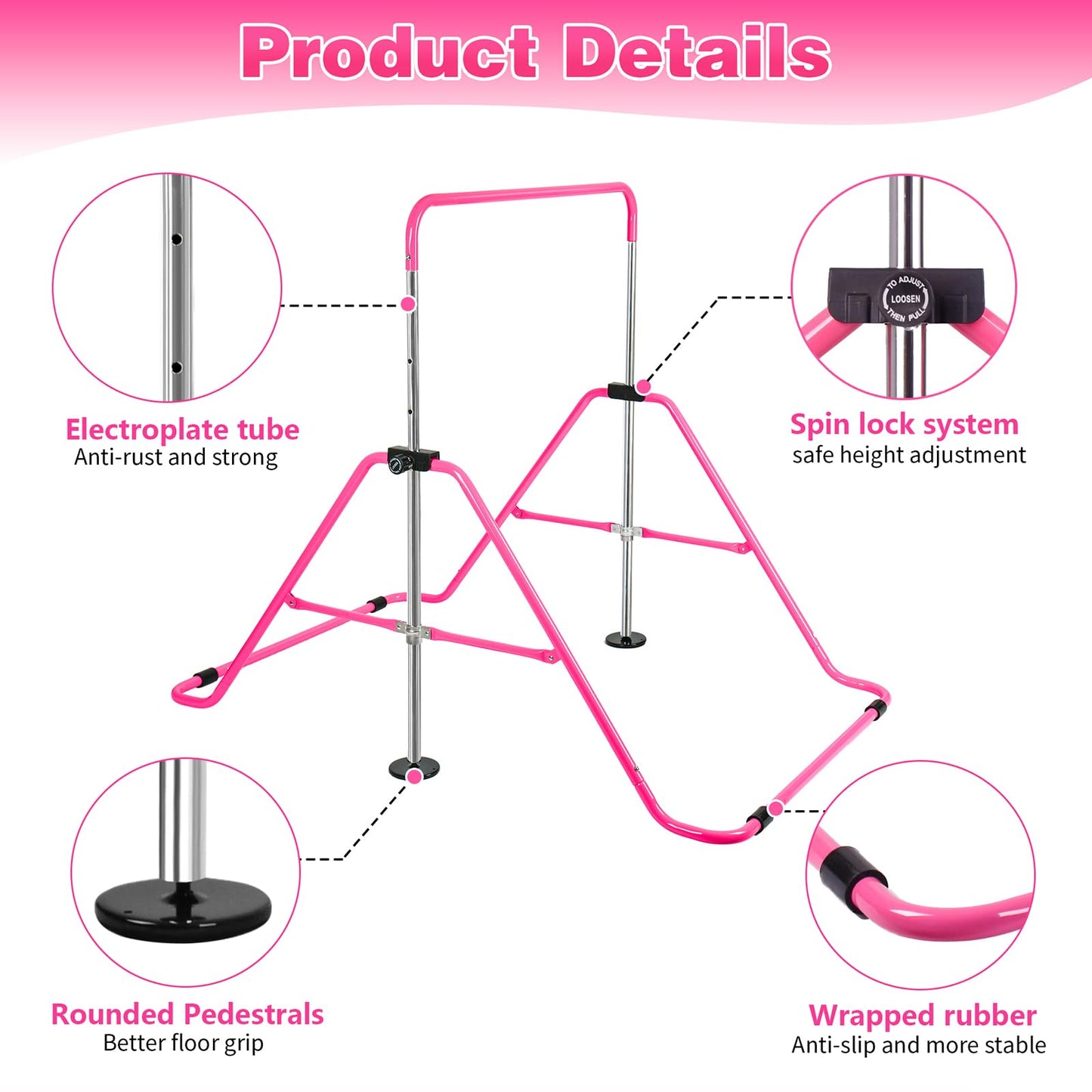 Bighaki808 Gymnastics Bars Kids Training Bars for Home, Folding Horizontal Bars with Adjustable Height Expandable Gymnastics Equipment Junior Kip Bar for Girls & Boys (Pink)