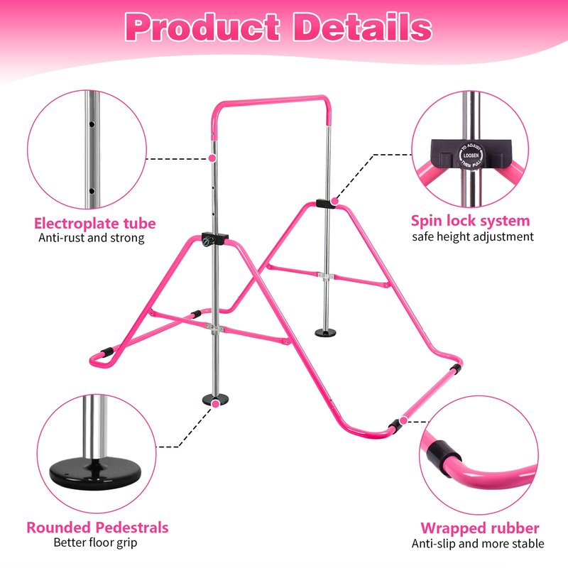 Bighaki808 Gymnastics Bars Kids Training Bars for Home, Folding Horizontal Bars with Adjustable Height Expandable Gymnastics Equipment Junior Kip Bar for Girls & Boys (Pink)