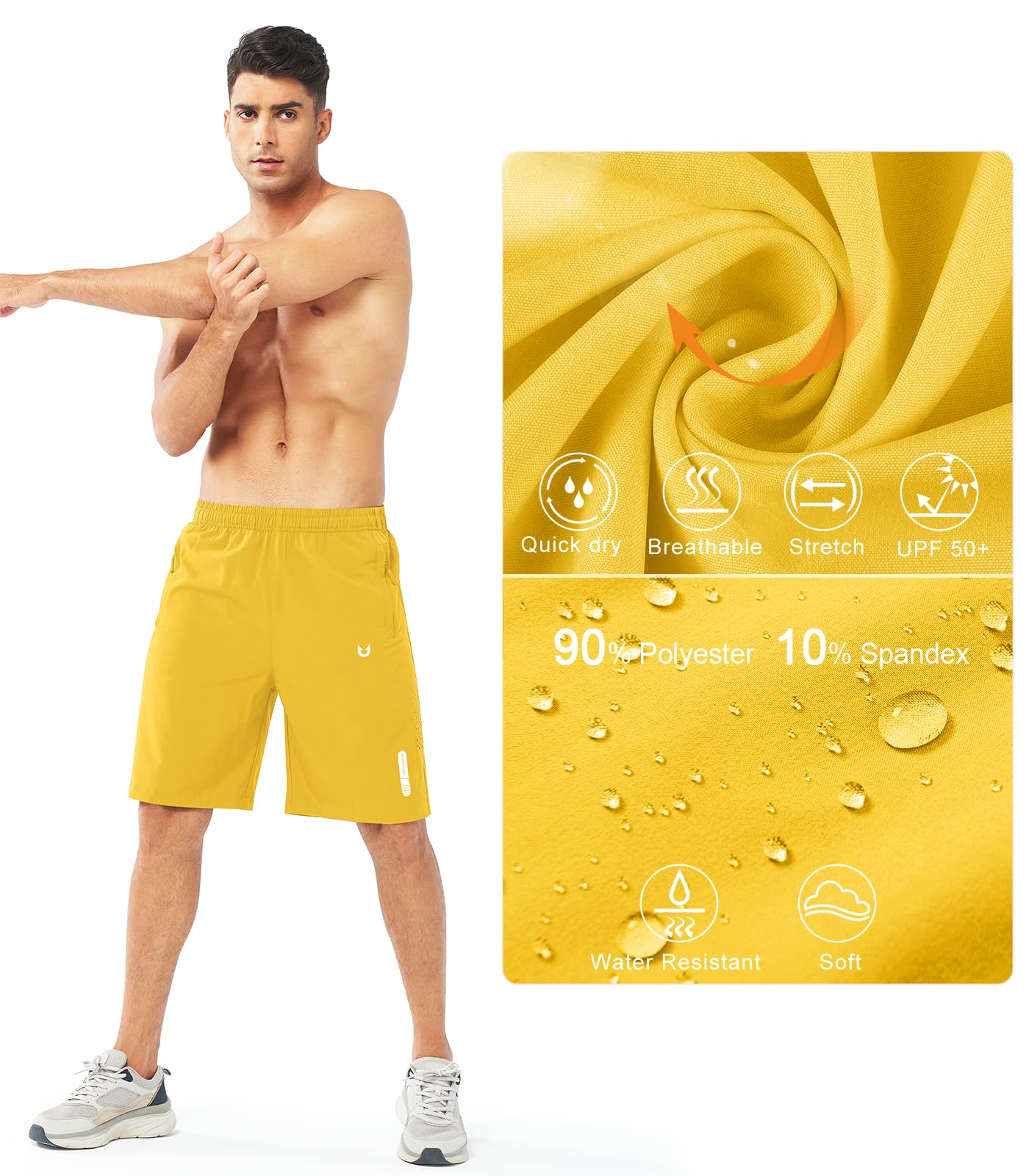 NORTHYARD Men's Athletic Running Shorts Gym Workout 7"/9"/5" Quick Dry Lightweight Sports Basketball Tennis 3 Zipper Pockets YELLOW-9inch 2XL