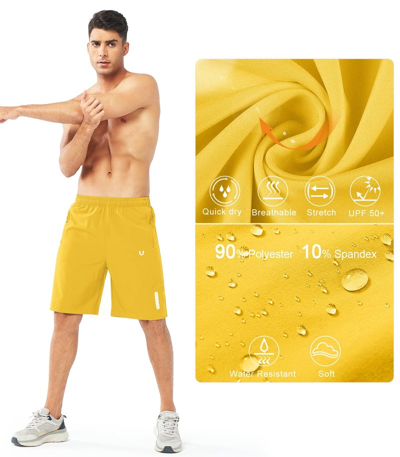NORTHYARD Men's Athletic Running Shorts Gym Workout 7"/9"/5" Quick Dry Lightweight Sports Basketball Tennis 3 Zipper Pockets YELLOW-9inch 2XL