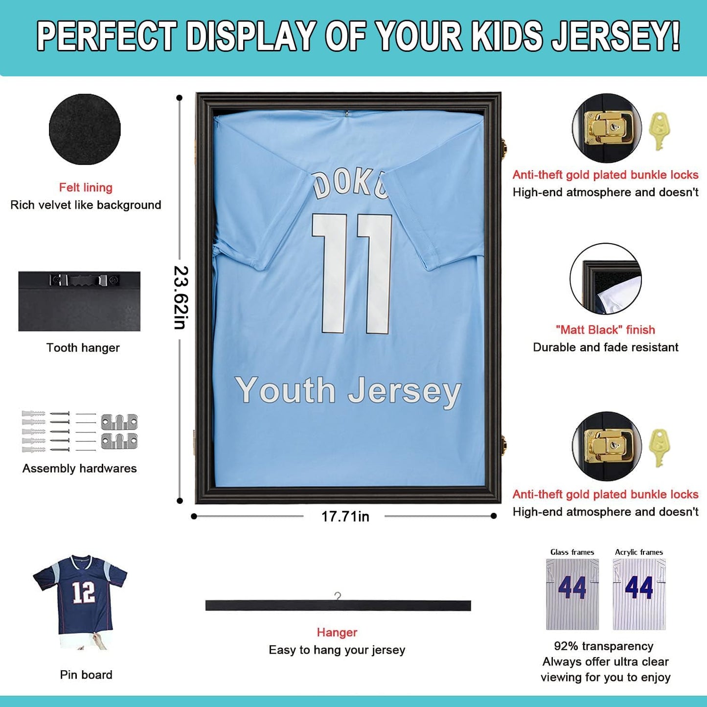KCRasan Lockable Kids Jersey Display Case Youth Jersey Box with UV Protection for Baseball, Basketball, Football, Soccer & Uniform, Small