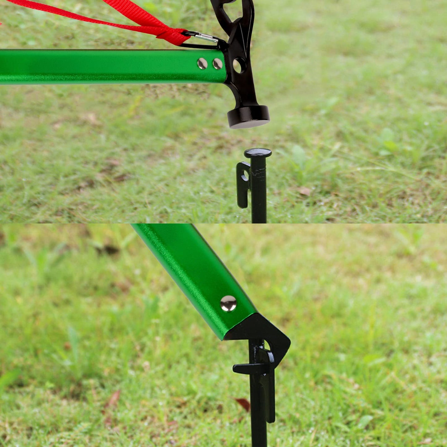 12'' 8pcs Tent Stakes and 12" Carbon Steel Aluminum Camping Hammer Green