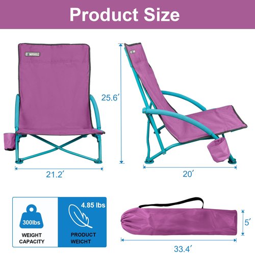 Northroad Low Folding Beach Chair,Portable Lightweight Lowback Sling Chair, Outdoor Low Seat Camping Chair w/Cup Holder & Carry Bag for Sand Camping Lawn Picnic Festival,Purple