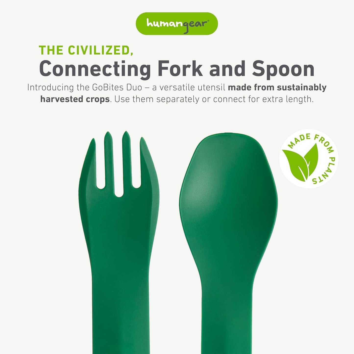 humangear GoBites Duo and Bio Duo Travel Silverware, Full Size Portable Fork & Spoon, Reusable Utensil Set, PC and BPA-free, Food-Safe Nylon or Plant-Based Resin, Extended - 9.1” X 1.6”