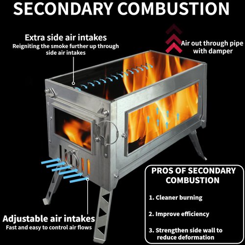 DANCHEL OUTDOOR HS6 Hot Tent Stove with Secondary Combustion & Viewing Window, Portable Camping Wood Stove 304 Stainless Steel with 8.2ft Pipe for Winter Cooking, Hunting