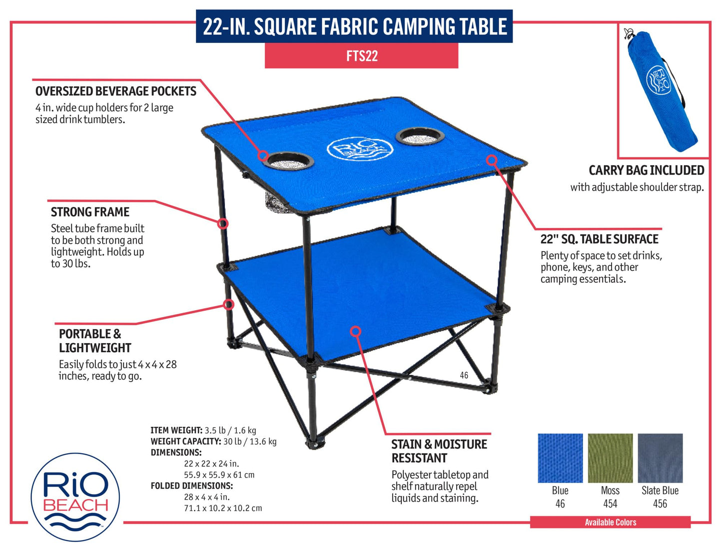 Rio Brands 22" Square Lightweight Fabric Portable Folding Beach Table with Cupholders, Blue