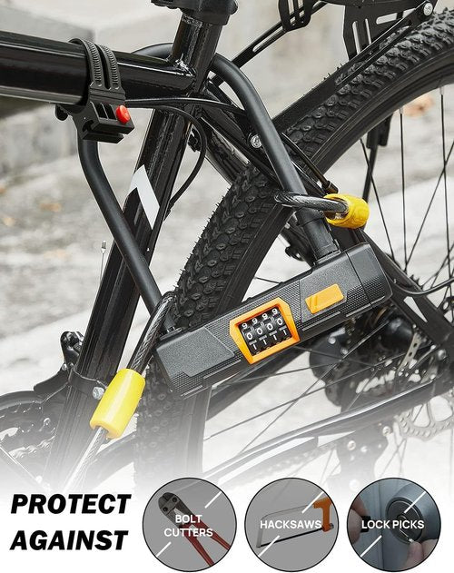 KEMIMOTO Bike U-Lock with Cable-2, Bicycle U Combination Lock Heavy Duty Anti-Theft Mounting Bracket 14.6-mm Shackle, 10mm x1.8m Cable & Padlock Holder for Bicycles E-Bikes Scooters