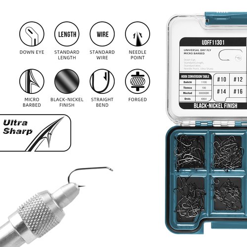 SF 10# 12# 14# 16# Fly Tying Hooks Kit Assortment Micro Barbed High Carbon Steel Standard Dry Curved Nymph Scud Pupa Fly Fishing Hook 240Pcs with Waterproof Magnetic Hook Box