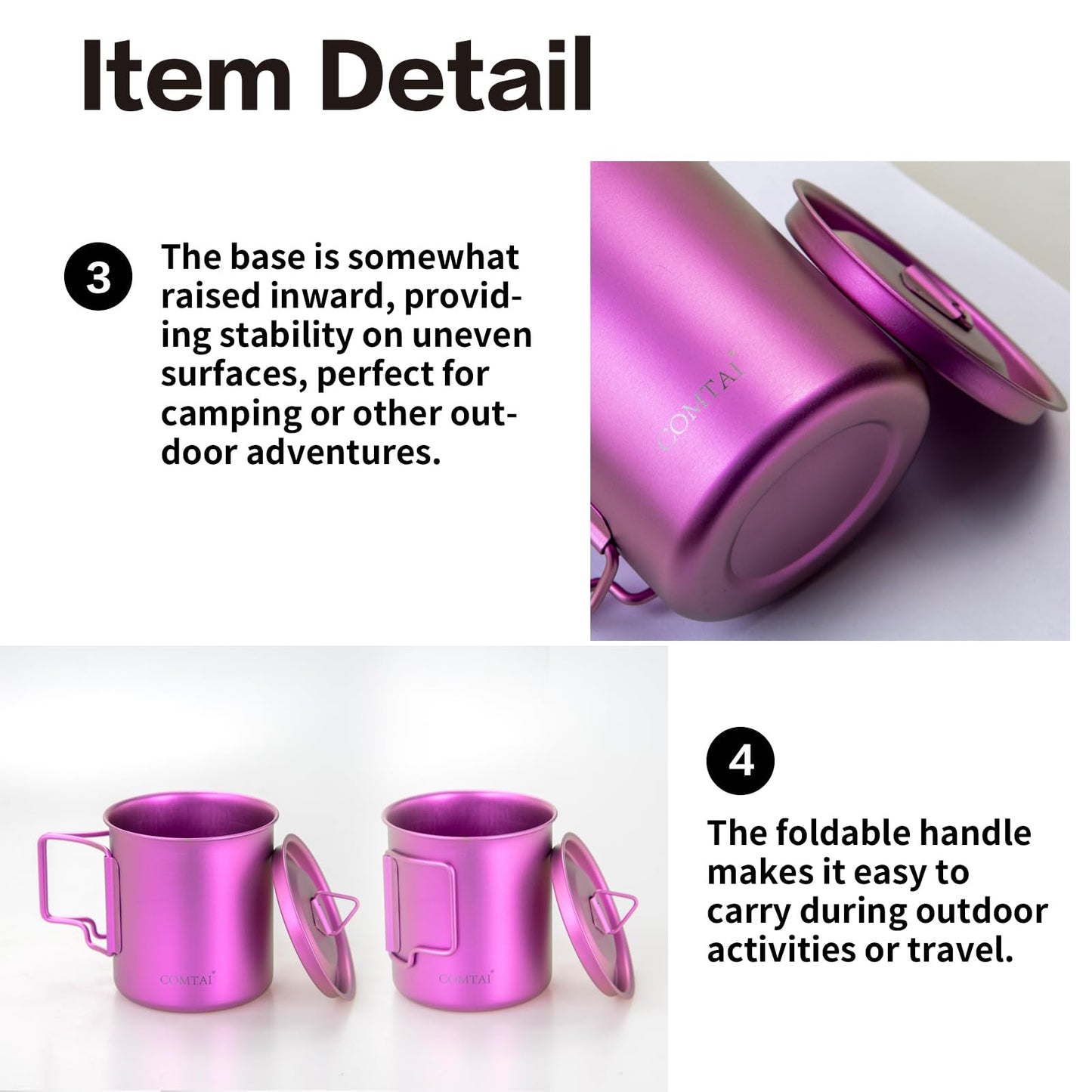 COMTAI Titanium Camping Pot Mug 15oz (420ml) with Lid and Foldable Handle – Ultralight Camping Cup for Hiking, Backpacking, Outdoor Cooking, Purple