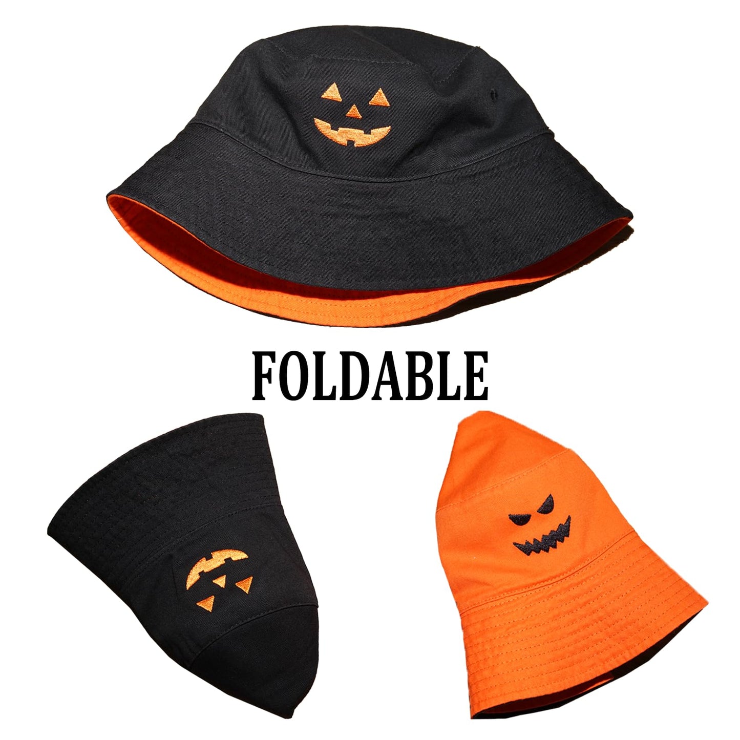 Halloween Pumpkin Bucket Hat for Women and Men- Reversible Sun hat with Jack O' Lantern Face on Front & Back (Orange Black)
