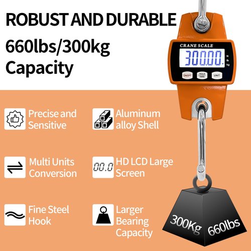 Sutekus Digital Hanging Scale 660lb Portable Crane Scale Waterproof Fish Scale 300kg Handheld Scale for Luggage Farm Hunting Fishing Outdoor