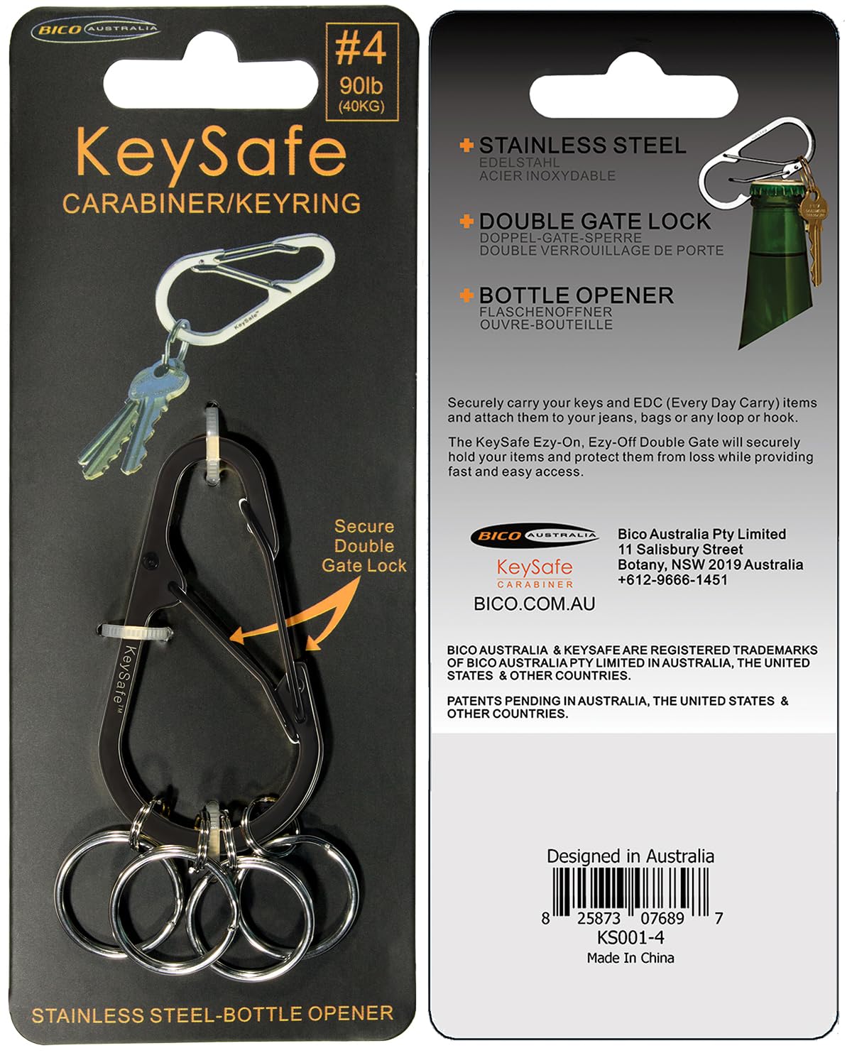 KeySafe Stainless Steel DoubleGate Secure Teardrop Carabiner Keychain Key Ring Polished Steel (KS002-4) (Metallic Black)