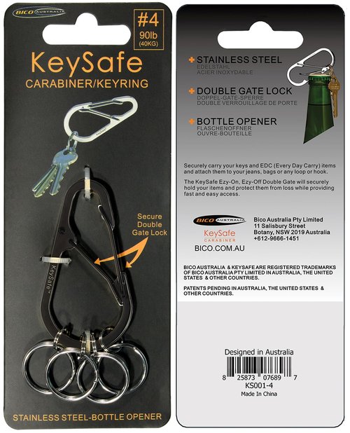 KeySafe Stainless Steel DoubleGate Secure Teardrop Carabiner Keychain Key Ring Polished Steel (KS002-4) (Metallic Black)