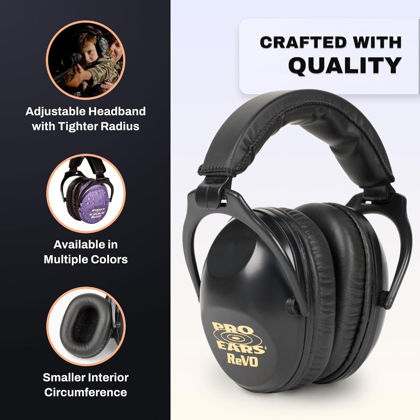 Pro Ears ReVO Passive Ear Muffs, Perfect for Children & Adults with Smaller Heads, NRR 25, Comfortable Fit w/Proform Leather