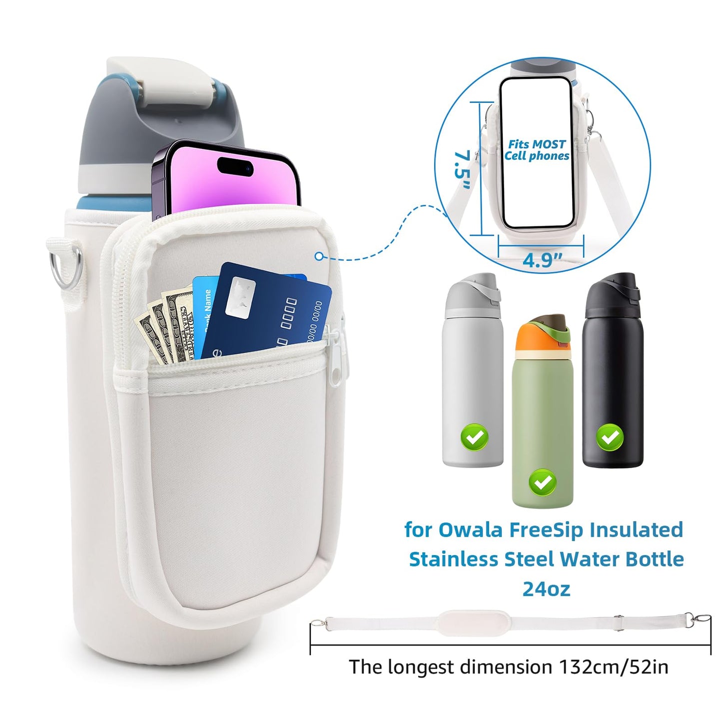 for Owala FreeSip Insulated Stainless Steel Water Bottle Cup Holder Cover Carrier Sling Bag with Strap, Pouch Pocket for Phone/Accessories, add Handle for Owala 24oz (White-24oz)