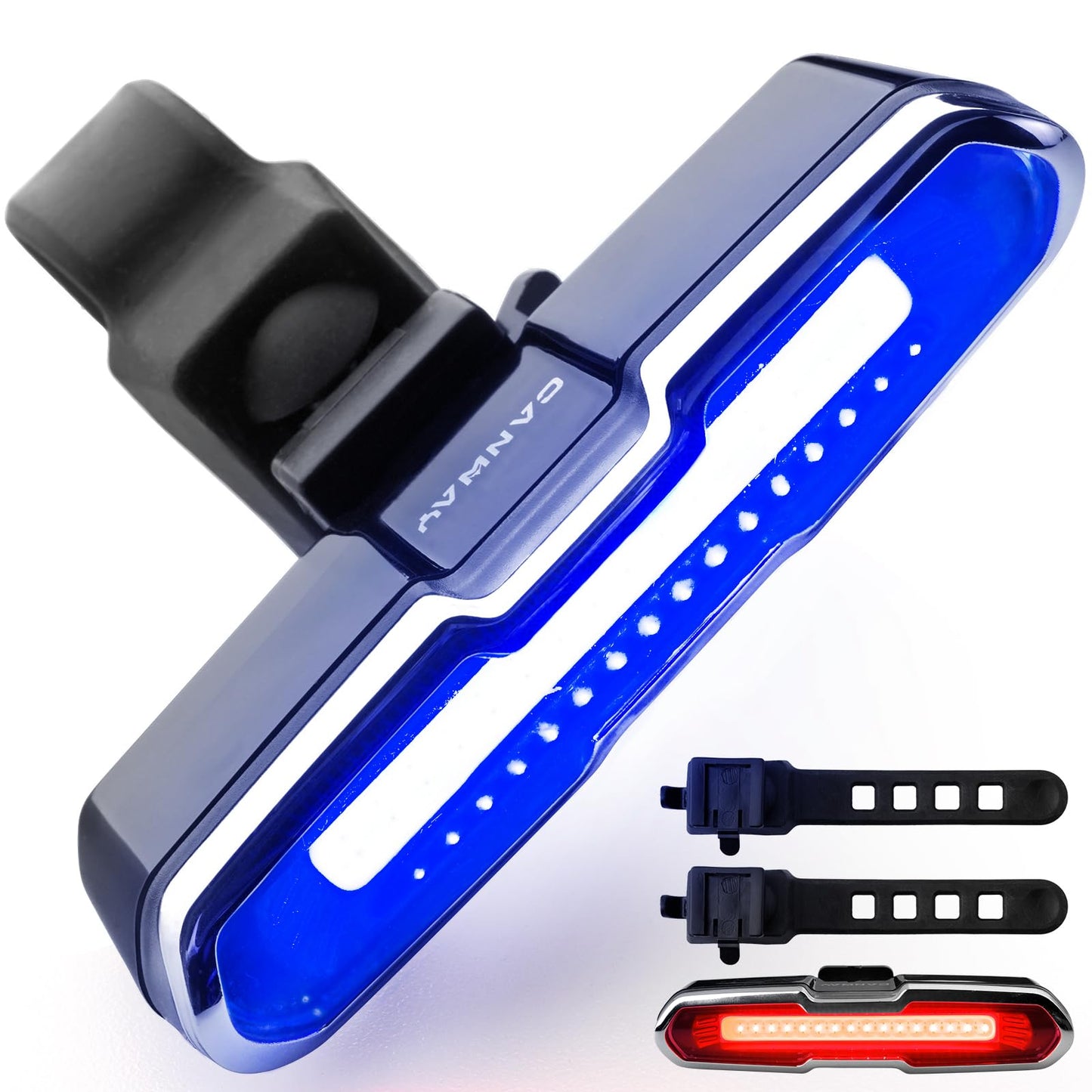 CANWAY Bicycle Rear Light Red Blue, Bike Tail Light Rechargeable 168 Lumens Bike Tail Light Battery USB C 500 mah Turn Signals 5 Modes Waterproof Safety for Road Mountain Night Riding