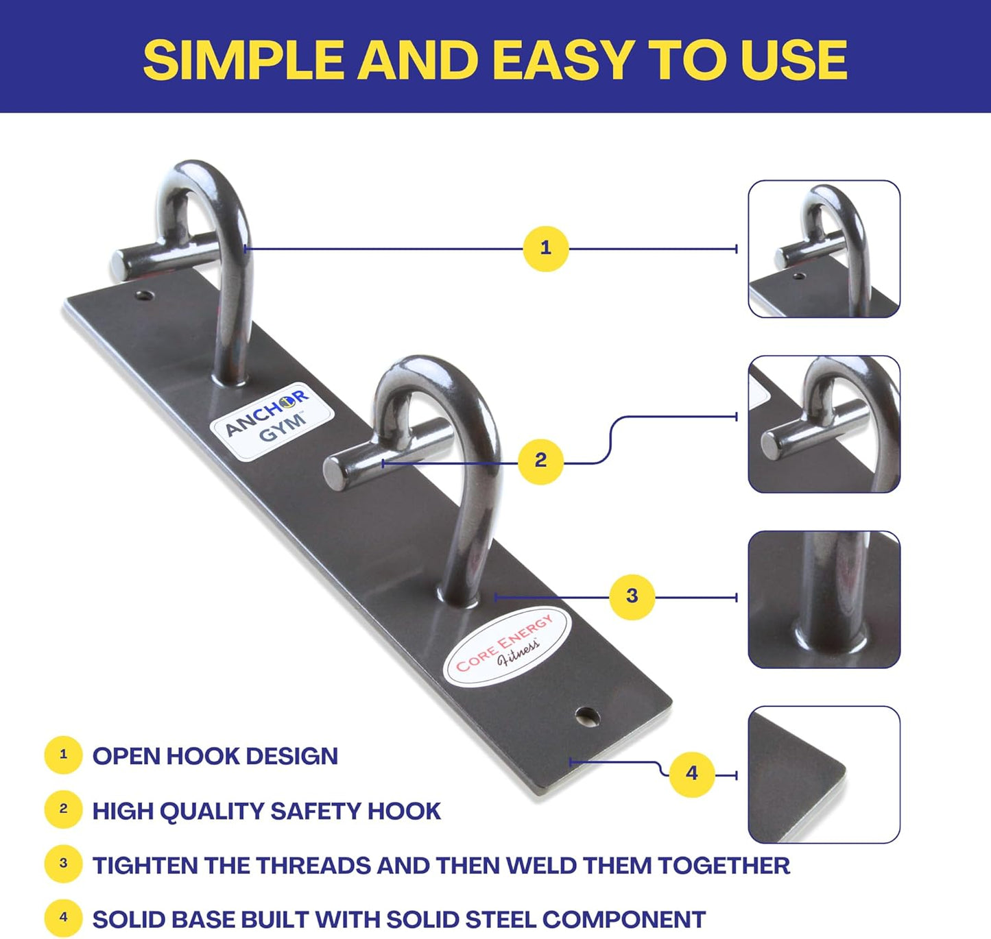 Anchor Gym Core Station - Wall Mount Workout Anchors for Resistance Band, Three Units with Two Hooks for Exercise Bands, Body Weight Straps, Strength Training - (Wood Mounting Screws Included)