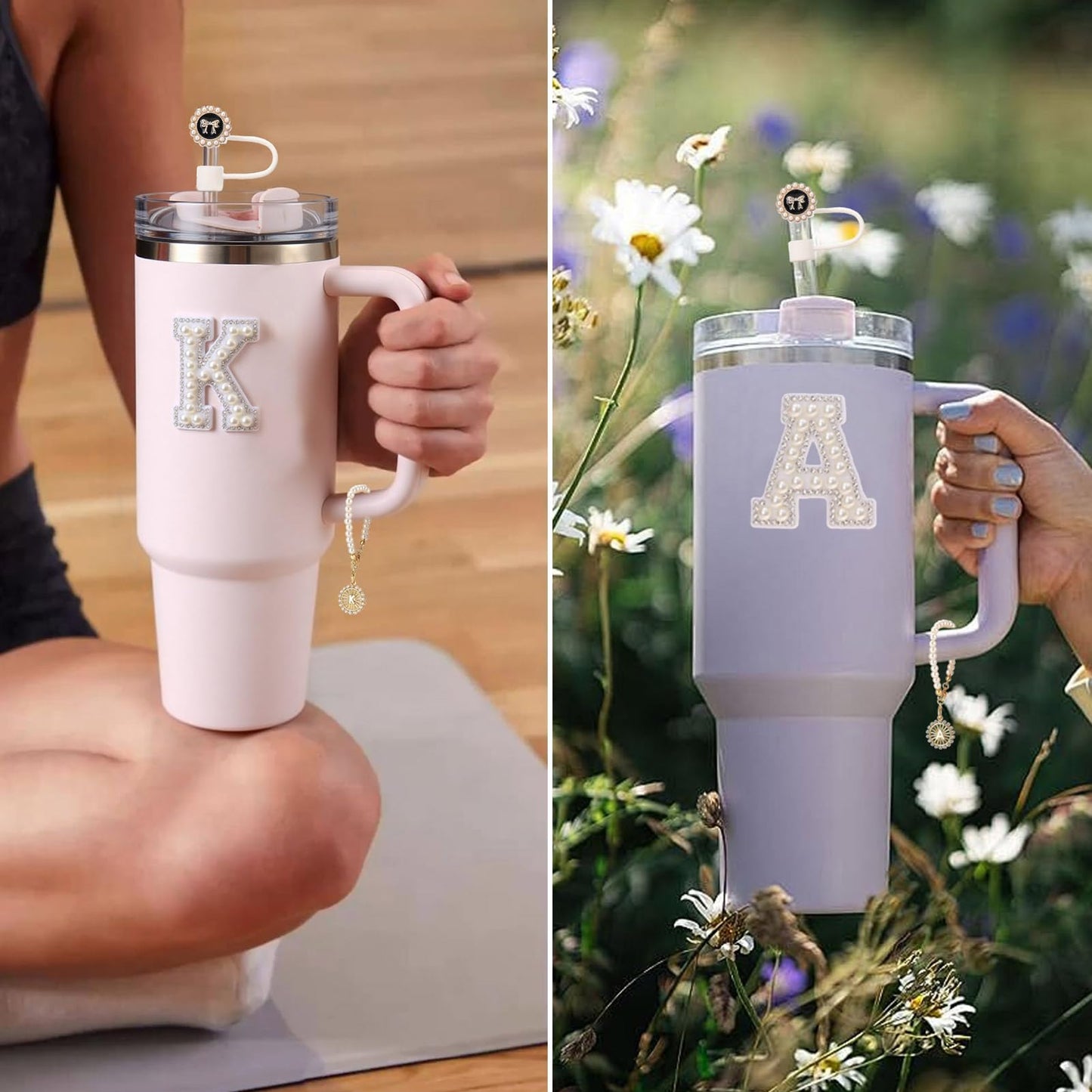 3PCS Cup Accessories Compatible with Stanley - Straw Cover for 30&40 Oz Tumbler 10mm Silicone Straw Topper, Initial Charms Chain for Handle and Letter Sticker Decorations-K